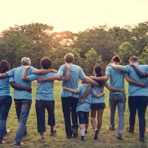 Volunteers walking together in a line