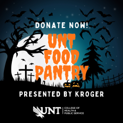 Spooky image with words: Donate Now UNT Food Pantry